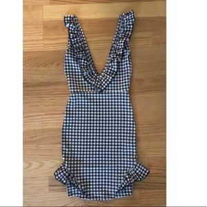Gingham checkered gingham ruffle v neck dress